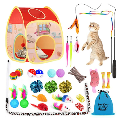 34PCS Cat Toys Kitten Toys, Interactive Cat Toys Set with Collapsible Cat Tunnels Tent for Indoor Cats,Retractable Cat Wand Toys Catnip Toys Cat Feather Teaser Fluffy Mouse Crinkle Balls for Cat,Kitty