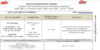 Site Manager Civil Engineering Jobs in IRCON