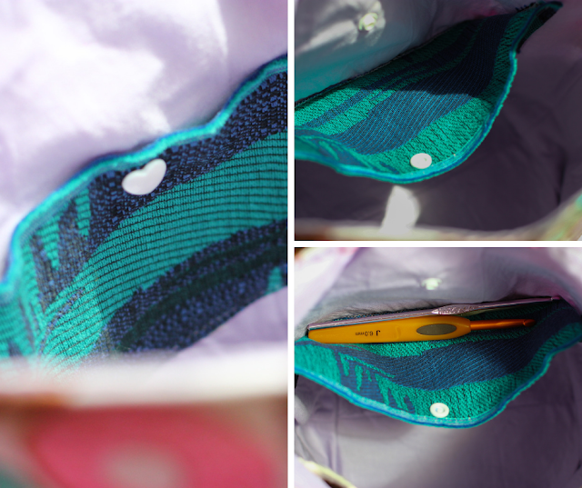 Three image collage focused on a vibrant periwinkle and teal long pocket in the lilac interior of a project bag. Left image has it closed with a white heart snap button. Right images has the pocket open empty on top and with crochet hooks on the bottom image.