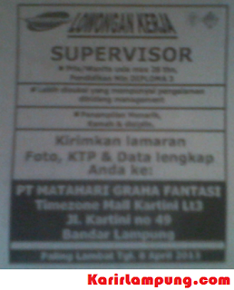 Lowongan Supervisor PT Matahari Graha Fantasi (Timezone) Terbaru 2013