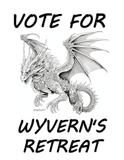 A poster with a greyscale drawing of a wyvern. Written in thick marker are the words "Vote For Wyvern's Retreat." The picture is signed "Fisher".