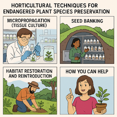 "A four-panel comic titled 'Horticultural Techniques for Endangered Plant Species Preservation.' Panel 1: A scientist performs micropropagation in a lab, using tweezers and jars with plant tissues labeled 'Tissue Culture'. Panel 2: A woman stands in a seed bank vault, surrounded by shelves of labeled seed jars, smiling confidently. Panel 3: A conservationist kneels in the wild, planting a small sapling as part of a habitat restoration effort. Panel 4: A cheerful woman holds a potted native plant and points upward, encouraging viewers to get involved in plant conservation."