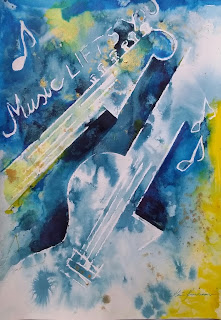 Music lifts you electric guitar water media color painting keiu kuresaar