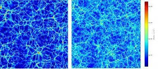 Imágenes de simulación que comparan la densidad del Universo con y sin neutrones masivos