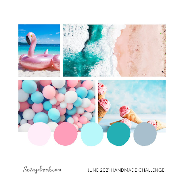Scrapbook.com June 2021 Handmade Challenge mood board with pink flamingos, aqua ocean waves, and ice cream dreams.