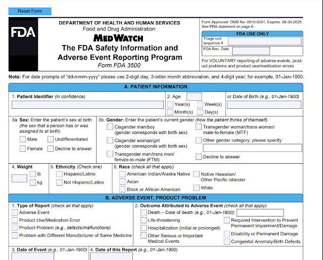 Form 3500 for Voluntary Reporting Medical Device regulatory