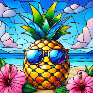 pineapple wearing sunglasses with tropic beach in background