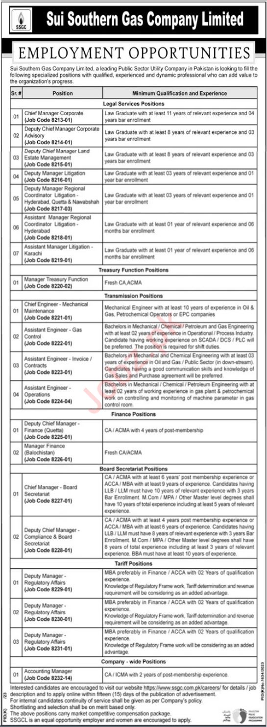 Sui Southern Gas Company Limited SSGC Jobs 2023 Latest Advertisement