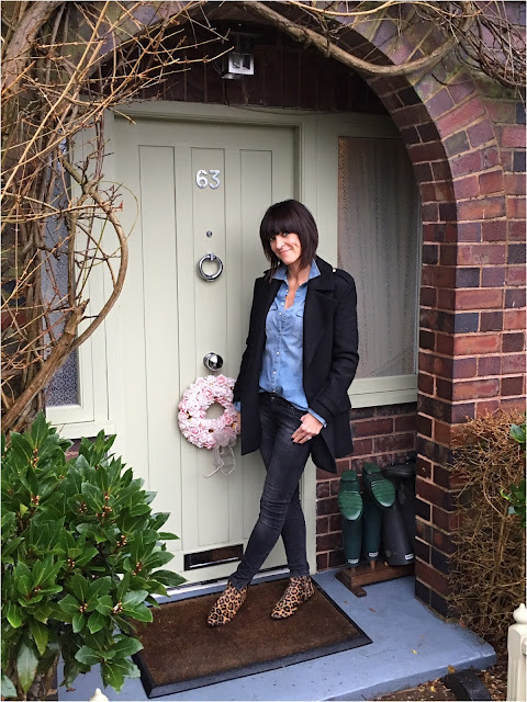 My Midlife Fashion, Double Denim, Denim shirt, skinny jeans, zara reefer coat, boden joni b animal print ankle boots