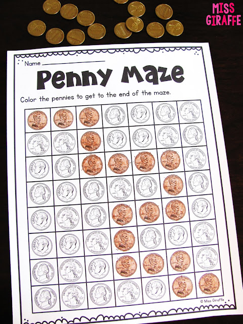 Identifying coins mazes where kids color the coin to the end of the maze!