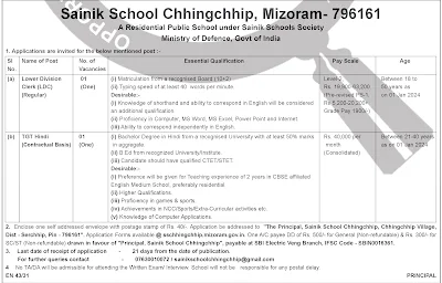 Sainik School Chhingchhip Notification 2024