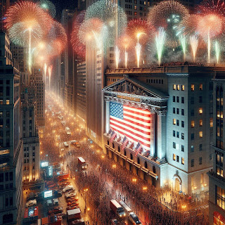 A fireworks celebration on Wall Street after the S&P 500 closes at a new record high value. Highly detailed, photo realistic, 4k. Image generated by Microsoft Bing Image Creator - https://www.bing.com/images/create/a-fireworks-celebration-on-wall-street-after-the-s/1-65aaebfe2935460e827edfef1d1cc628?id=5gGaH6XLGgeIYRyEKUQXkA%3d%3d&view=detailv2&idpp=genimg&noidpclose=1&FORM=SYDBIC