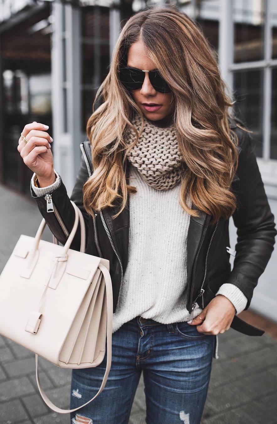 what to wear with a knit scarf : white sweater + black leather jacket + bag + jeans