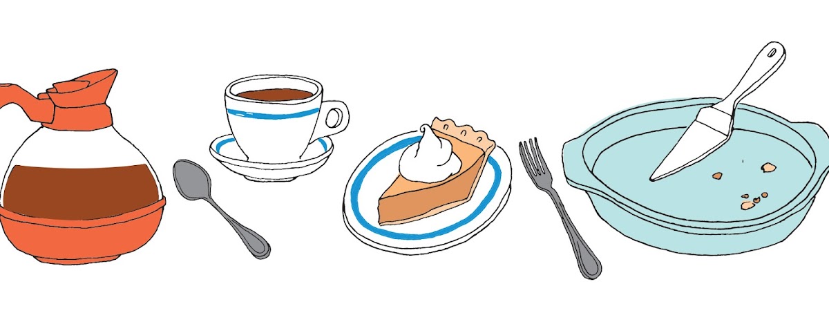 Waitress illustrations of coffee, pie, etc.