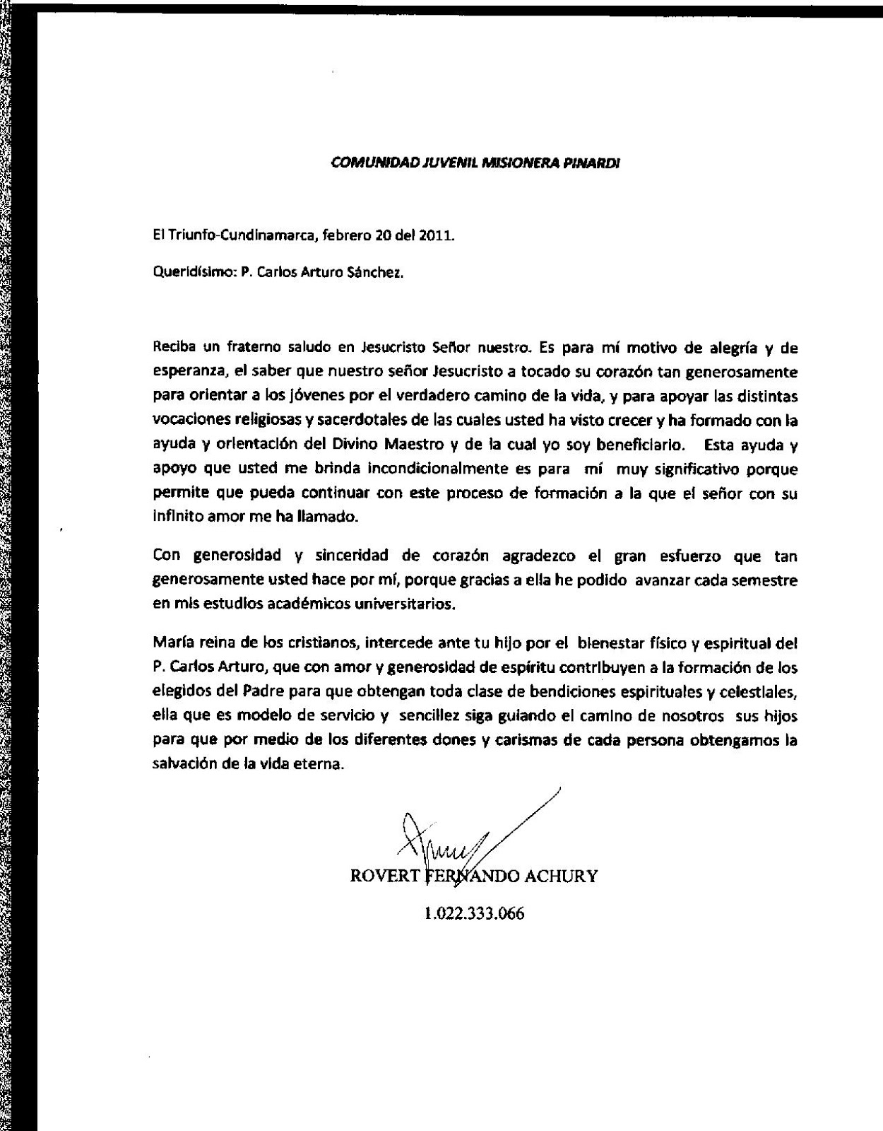 COMUNIDAD JUVENIL Y MISIONERA PINARDI: Carta de agradecimiento