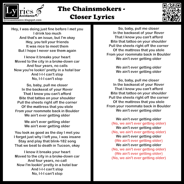 The Chainsmokers - Closer Lyrics | lyricsassistance.blogspot.com