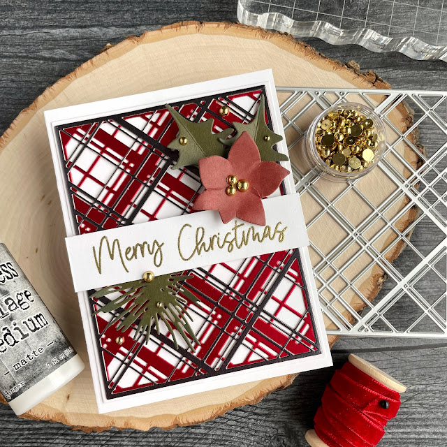 Plaid Christmas Card made with: Tim Holtz layered plaid and modern festive dies, metallic kraftstock, warms and cools kraft cardstock; Scrapbook.com celebration expressions stamp set, solar white cardstock; Ranger gold embossing powder; Pinkfresh gold pearls