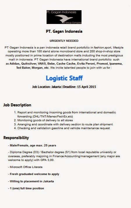 Lowongan Kerja Logistic Staff PT Gagan Indonesia April 