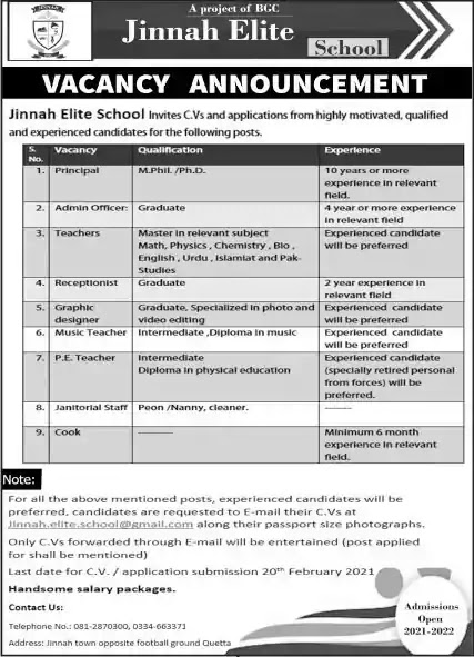 Jinnah Elite School Quetta Jobs In Pakistan 2021 February