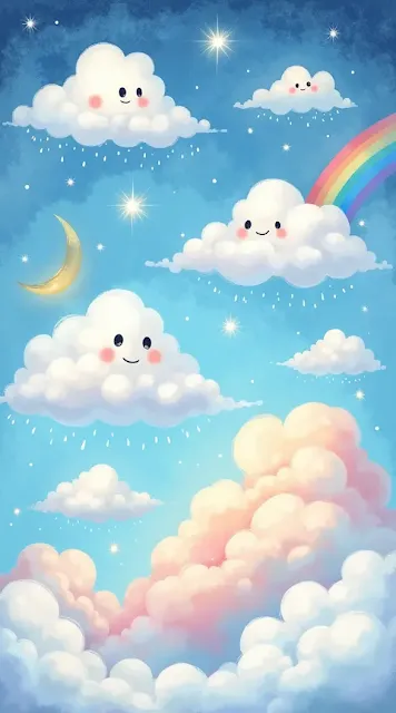 Papel de Parede Infantil de Nuvens com Rostinhos e Arco-Íris em Estilo Aquarela