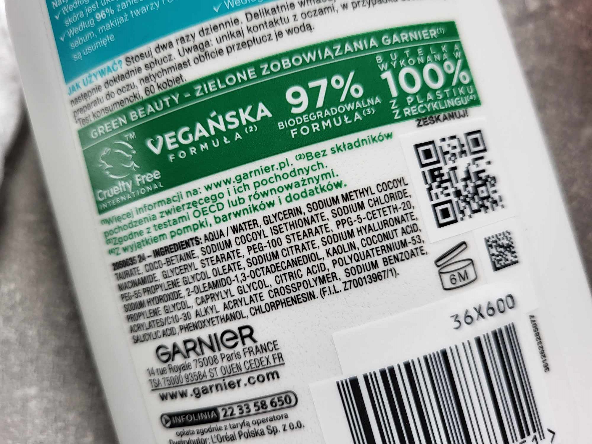 Garnier Pure Active Nawilżająca Emulsja Oczyszczająca skład inci ingredients