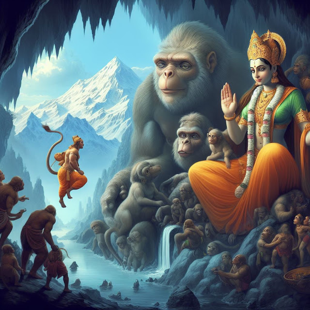 Swayamprabha rescues the vanaras, including Hanuman from the cavity