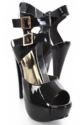 Black Patent Faux Leather Strapped Peep Toe Platform Heels