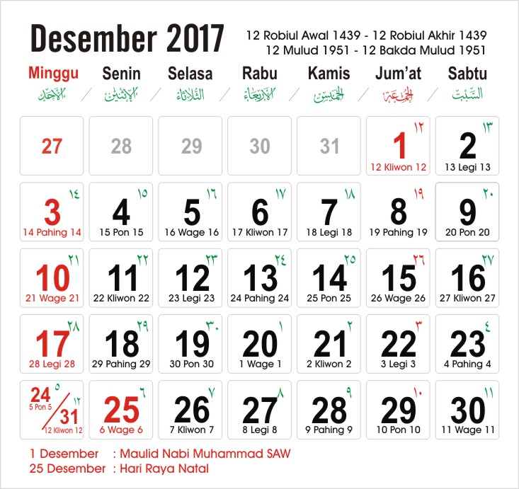 Kalender 2017 12Bulan + Hari Libur Nasional + Cuti Bersama 