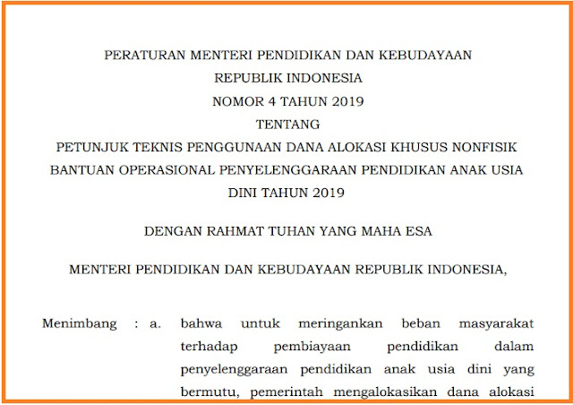 Petunjuk Teknis Penggunaan Dana Bantuan Operasional Pengelenggaraan PAUD Tahun 2019