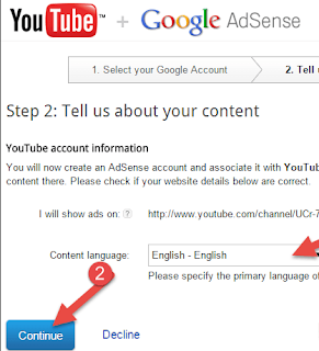 adsense select language click continue