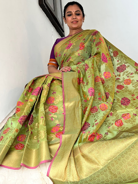 Embrace the Enchanting Liril Green Silk Saree with Woven Pink Roses