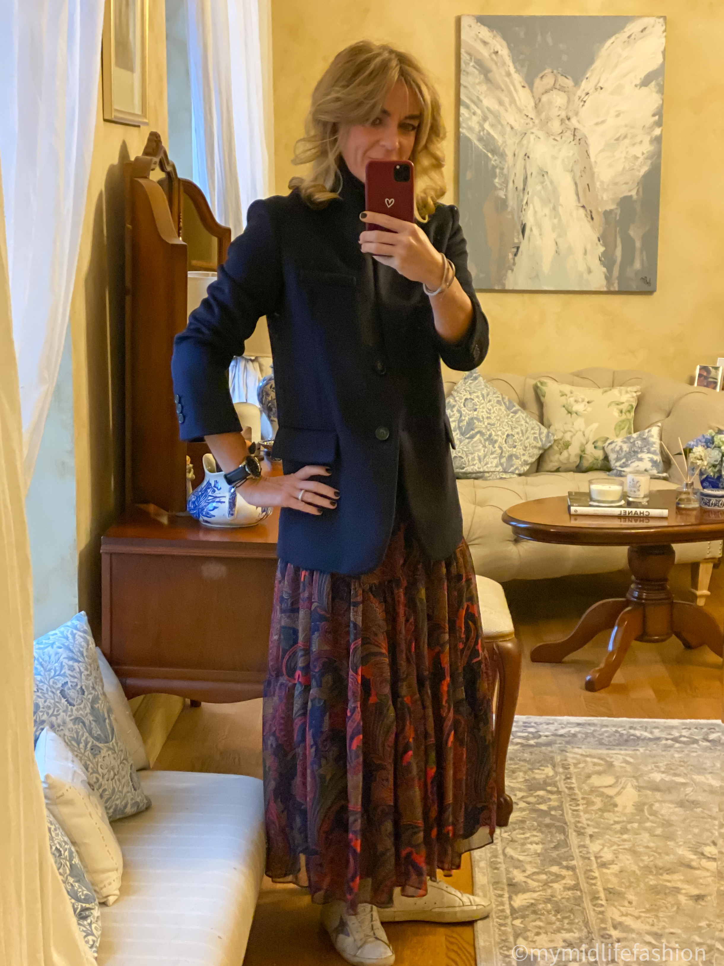 my midlife fashion, Vanessa bruno jacket, marks and Spencer pure cashmere roll neck jumper, Ralph lauren paisley tiered maxi skirt, golden goose superstar low top leather trainers