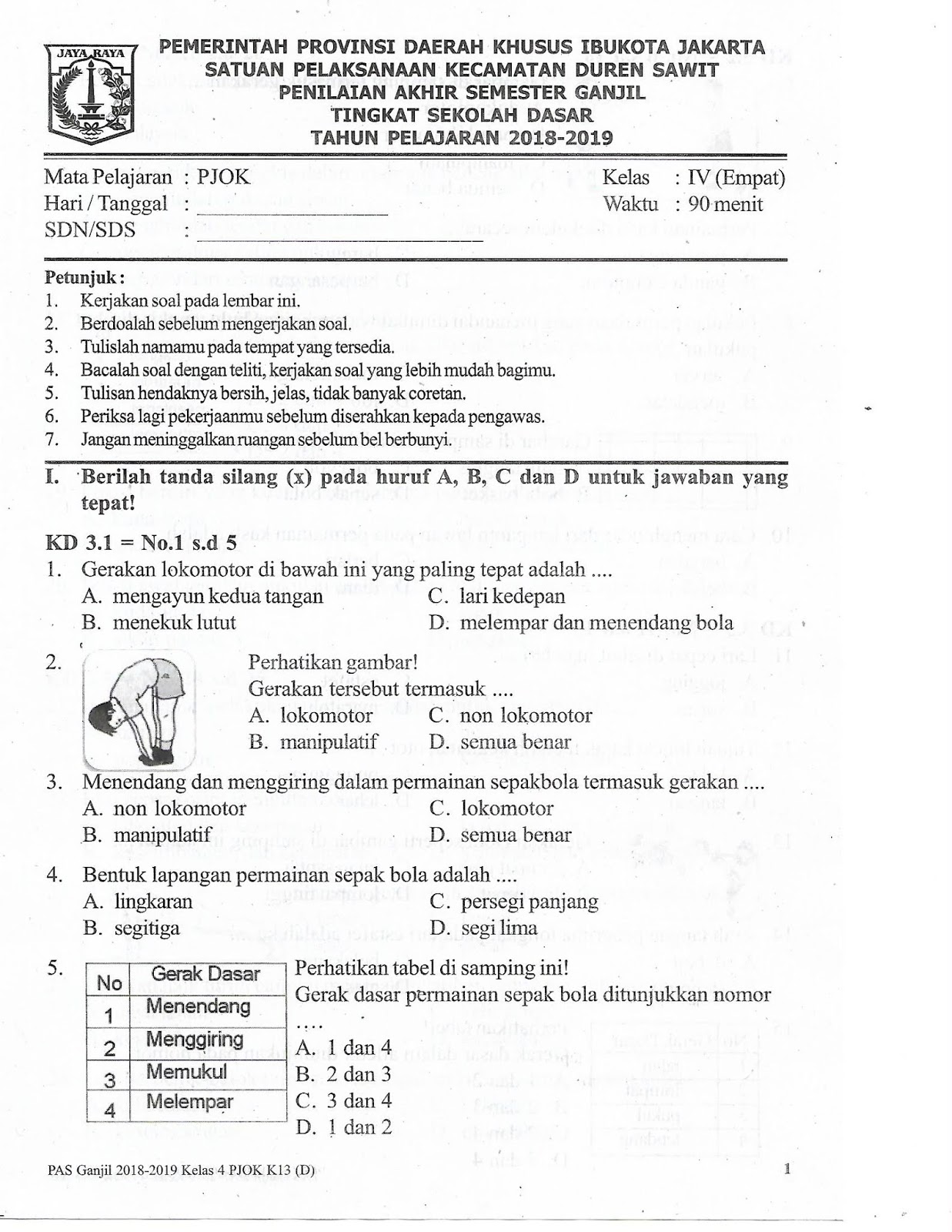 SOAL PENILAIAN AKHIR SEMESTER KELAS 4 MAPEL PJOK K13 TAHUN 2018