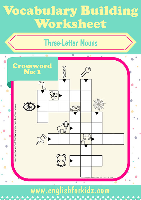 Printable ESL crossword puzzle, three-letter nouns worksheet