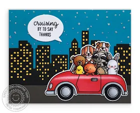 Sunny Studio Stamps: Cruising Critters Animals in Car At Night Thank You Card (using Cityscape Border & Comic Strip Speech Bubble Dies)