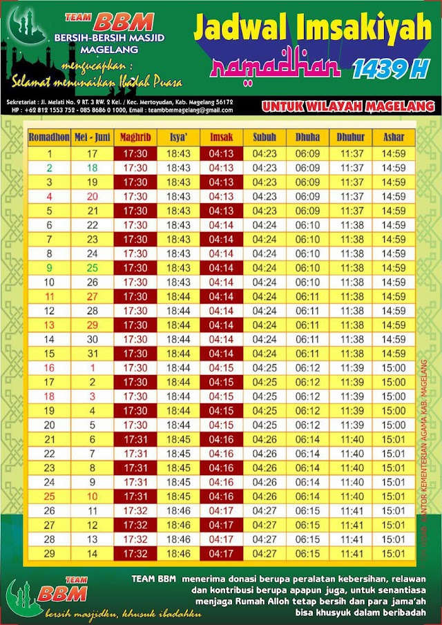 Jadwal Imsakiyah Ramadhan 1439 H untuk wilayah Magelang dan sekitarnya