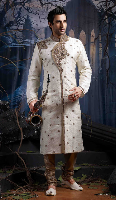 Gorgeous off white jacquard sherwani 