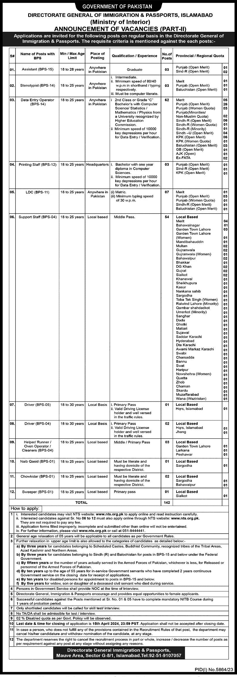 Directorate General of Immigration and Passports Jobs 2024 was announced in various categories on 31 March 2024 in The Daily Dawn Newspaper.