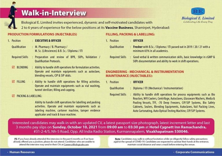 Job Availables,Biological E. Limited Walk In Interview For Bsc/Msc/B.pharm/M.pharm/Diploma/ITI