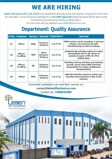 Leben Life Sciences Hiring For Quality Assurance Department - Multiple Opening