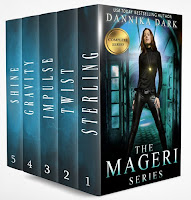 Mageri series complete collection boxed set depicing all five books. Front image is a tough woman in leather pants, chin raised, hand on thigh, standing in an abandoned hall with light shining around her.