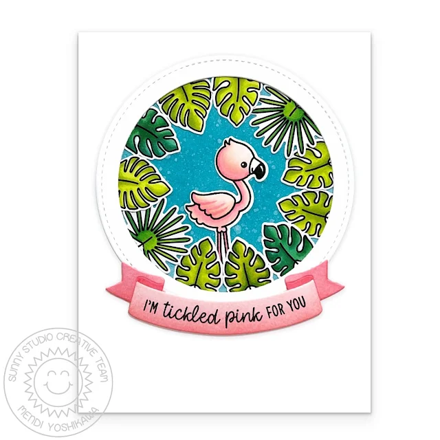 Sunny Studio Tickled Pink For You Tropical Leaves Summer Card using Fabulous Flamingos Clear Craft Stamps & Metal Cutting Die
