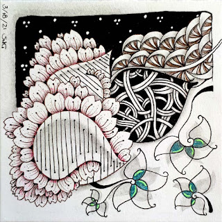 100 Days of Zentangle: Day 20, 38, 43 - Javik, Yah, Pip-in and additional tangles Doodah and Ying