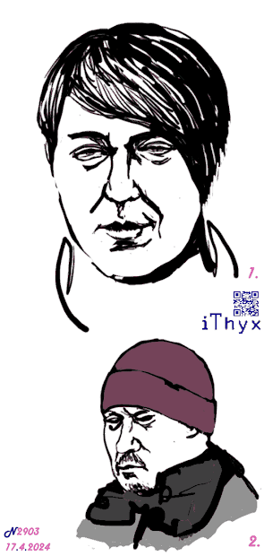 Два наброска мужчин: 1. Стрижка боб мужская с удлиненной челкой; 2. Усатый, в бордовой шапочке, чёрно-серой куртке с капюшоном и поднятым воротником. Автор рисунка: художник #iThyx
