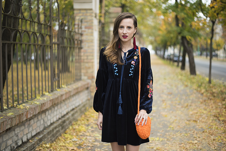 Boho Embroidered Velvet Dress in Navy Crochet Orange Bag