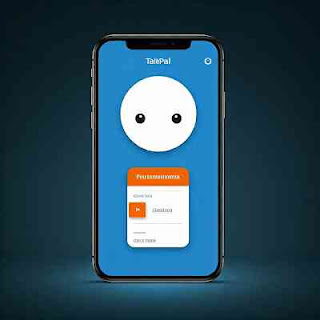 Smartphone displaying a cartoon-like app interface with two dots for eyes on a blue background.