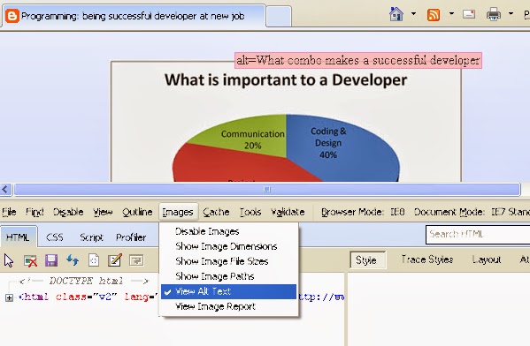 how to view image alt text using IE browser Developer Tools