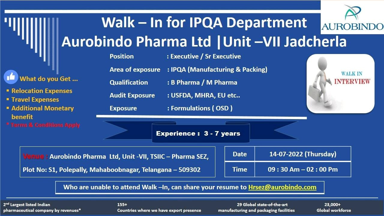 Job Available's for Aurobindo Pharma Ltd Walk-In Interview for B Pharm/ M Pharm