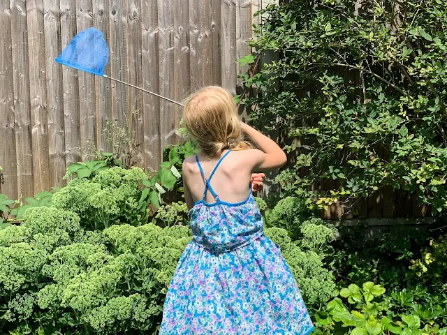 rear view of a 7 year old attempting to catch a butterfly with a net