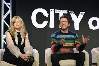 Stephanie Savage, Executive Producer/Showrunner, and Josh Schwartz, Executive Producer/Showrunner, from “City on Fire” speak at the Apple TV+ 2023 Winter TCA Tour at The Langham Huntington Pasadena.